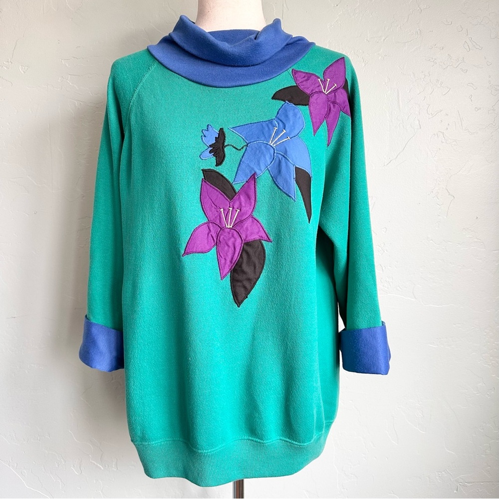 Vintage 80s 90s Teal Floral Appliqué Cowl Neck Cottagecore Sweatshirt Large EUC